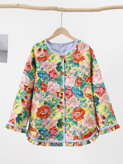 Свободно дамско палто с щампи на цветя, дебело топло памучно яке с дълъг ръкав 2023, елегантно есенно-зимно ежедневно улично облекло