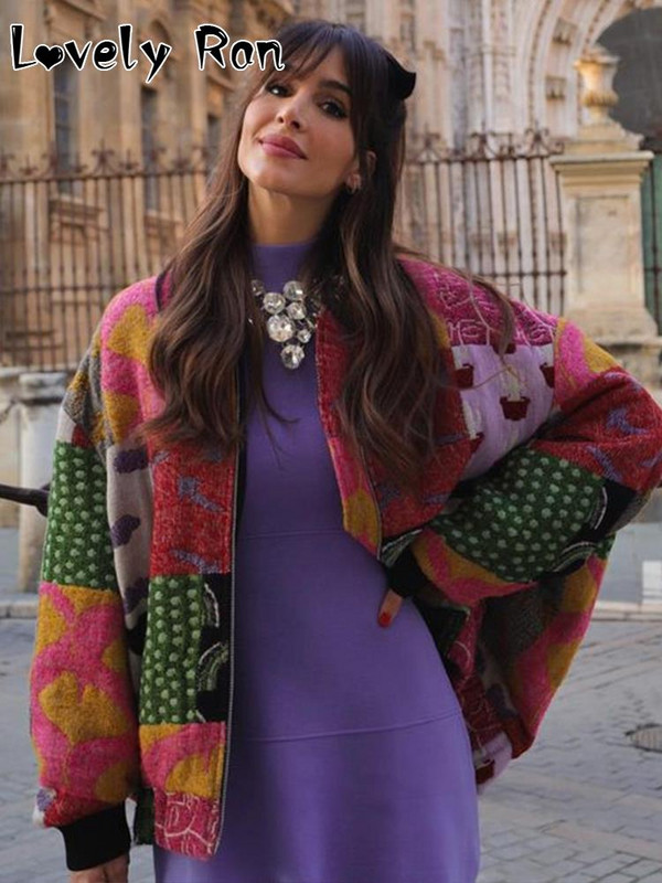 Винтидж свободно яке с щампи на цветя Дамско модно яке 2023 г. с цветни пачуърк Есенни женски топли улични връхни дрехи с дълъг ръкав