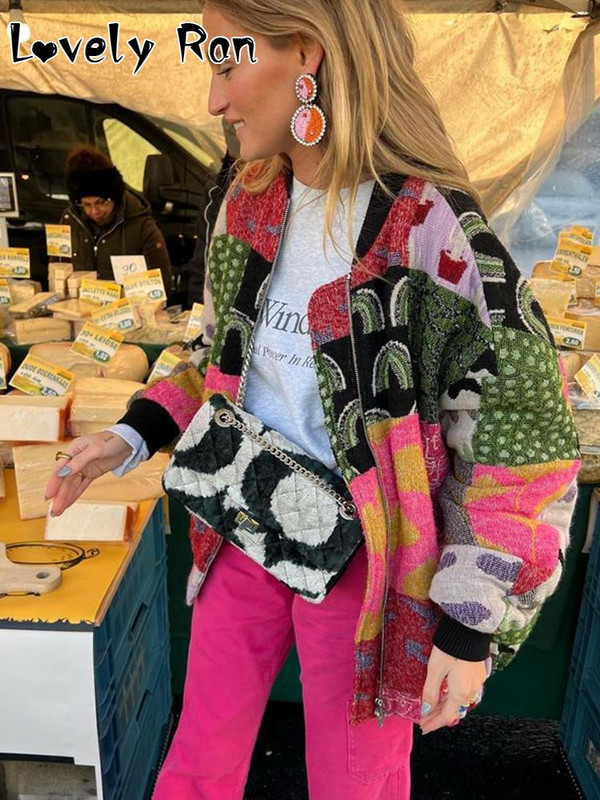 Винтидж свободно яке с щампи на цветя Дамско модно яке 2023 г. с цветни пачуърк Есенни женски топли улични връхни дрехи с дълъг ръкав