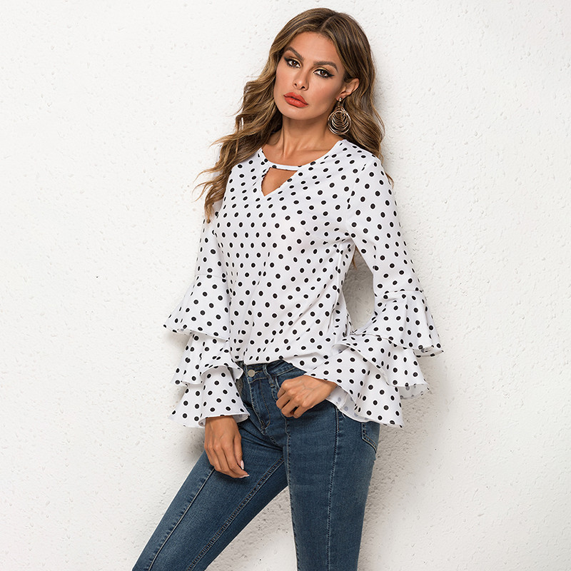 Дамски блузи, щампи на точки, ризи с изпъкнали ръкави, секси шифонени блузи с V-образно деколте и дълги ръкави, горнища, корейска бяла черна блуза