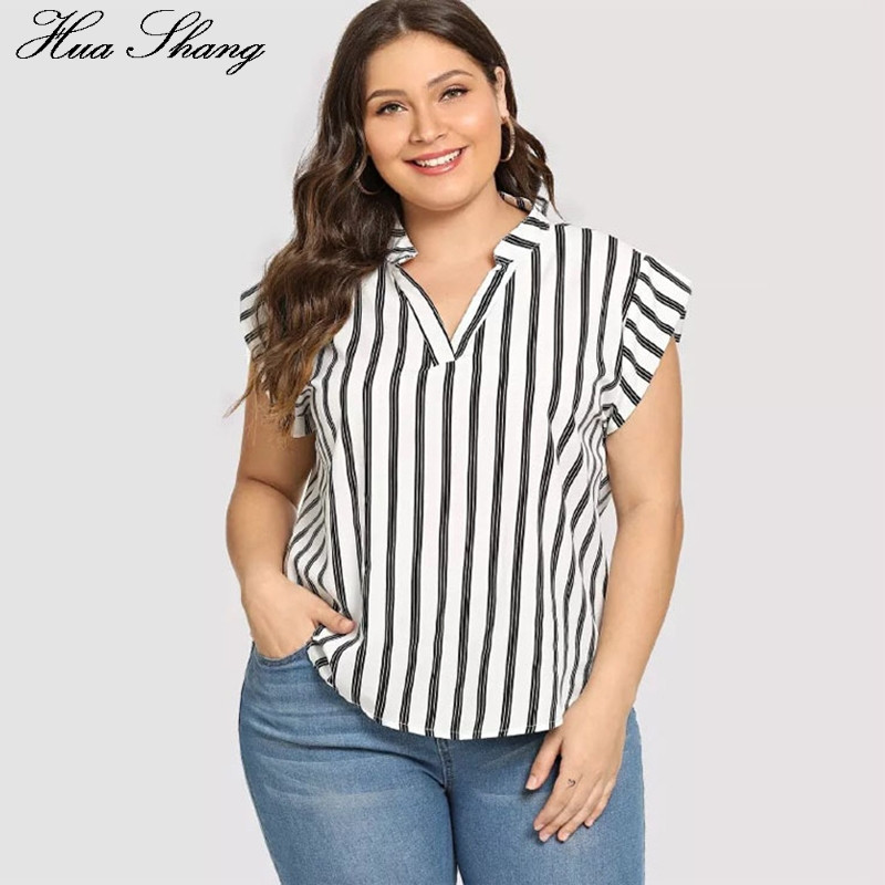 Suures suuruses pluusisärk, naiste suvine V-kaelus, lühikeste varrukatega triibuline printimine vabaaja pluus Suures suuruses naiste tuunikatopsid