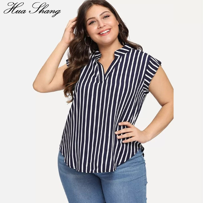 Suures suuruses pluusisärk, naiste suvine V-kaelus, lühikeste varrukatega triibuline printimine vabaaja pluus Suures suuruses naiste tuunikatopsid