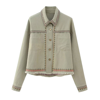 Модни тънки ризи с бродирани якета Дамски есенни 2023 г. Луксозни палта с дълги ръкави Дамски есенни елегантни горни дрехи с обърната яка