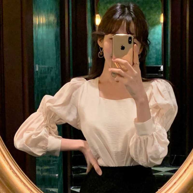 Дамски ризи с плътен буф ръкав, свободни дамски дрехи в стил принцеса с квадратна яка, ретро корейски стил, нови женски пролетни блузи