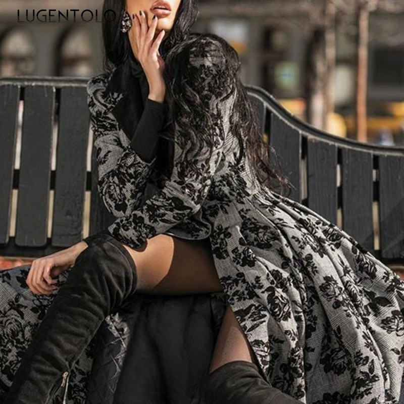 Naised Vintage peokench, pikkade varrukatega, sügisene pitsist nööbiga mantel Naiste vabaaja, suur kiiksuga mood pikad jakid