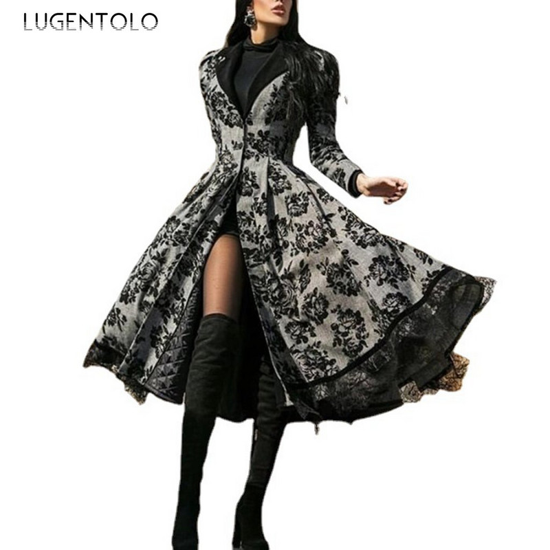 Naised Vintage peokench, pikkade varrukatega, sügisene pitsist nööbiga mantel Naiste vabaaja, suur kiiksuga mood pikad jakid