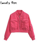 Fashion Stand γιακά Cropped Bomber Jacket για Γυναικείες Μεγάλες τσέπες Κοντά παλτό για ποδήλατο αγωνιστικά Γυναικεία κομψά εξωτερικά ενδύματα High Street