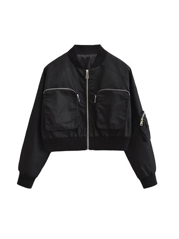 Fashion Stand γιακά Cropped Bomber Jacket για Γυναικείες Μεγάλες τσέπες Κοντά παλτό για ποδήλατο αγωνιστικά Γυναικεία κομψά εξωτερικά ενδύματα High Street