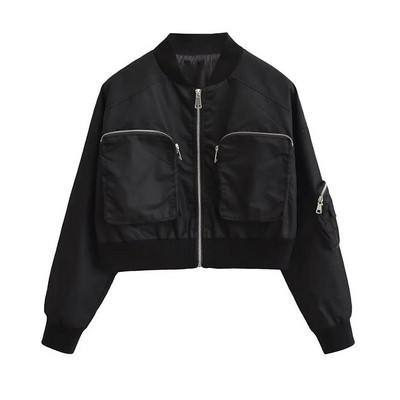 Fashion Stand γιακά Cropped Bomber Jacket για Γυναικείες Μεγάλες τσέπες Κοντά παλτό για ποδήλατο αγωνιστικά Γυναικεία κομψά εξωτερικά ενδύματα High Street