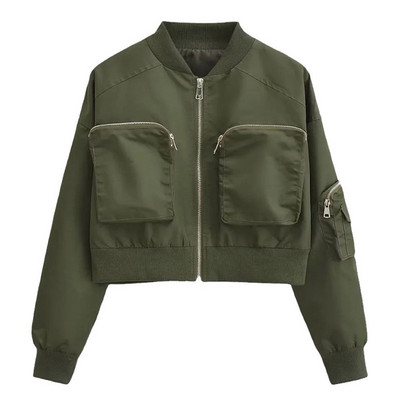 Fashion Stand γιακά Cropped Bomber Jacket για Γυναικείες Μεγάλες τσέπες Κοντά παλτό για ποδήλατο αγωνιστικά Γυναικεία κομψά εξωτερικά ενδύματα High Street