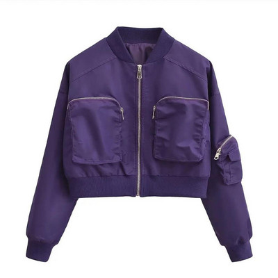 Fashion Stand γιακά Cropped Bomber Jacket για Γυναικείες Μεγάλες τσέπες Κοντά παλτό για ποδήλατο αγωνιστικά Γυναικεία κομψά εξωτερικά ενδύματα High Street