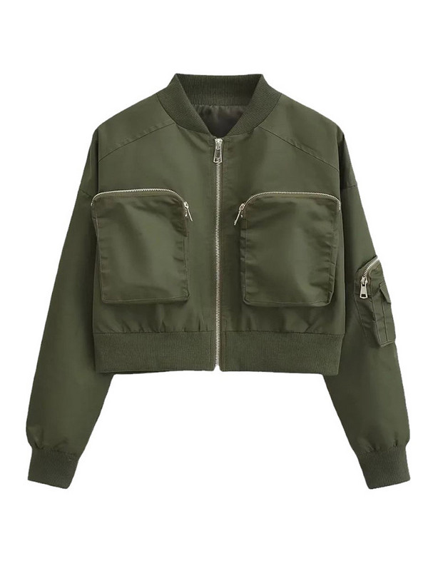 Modna skraćena bomber jakna sa samostojećim ovratnikom za žene Jednobojni kratki kaputi za biciklističke utrke s velikim džepovima Ženska šik gornja odjeća za visoke ulice