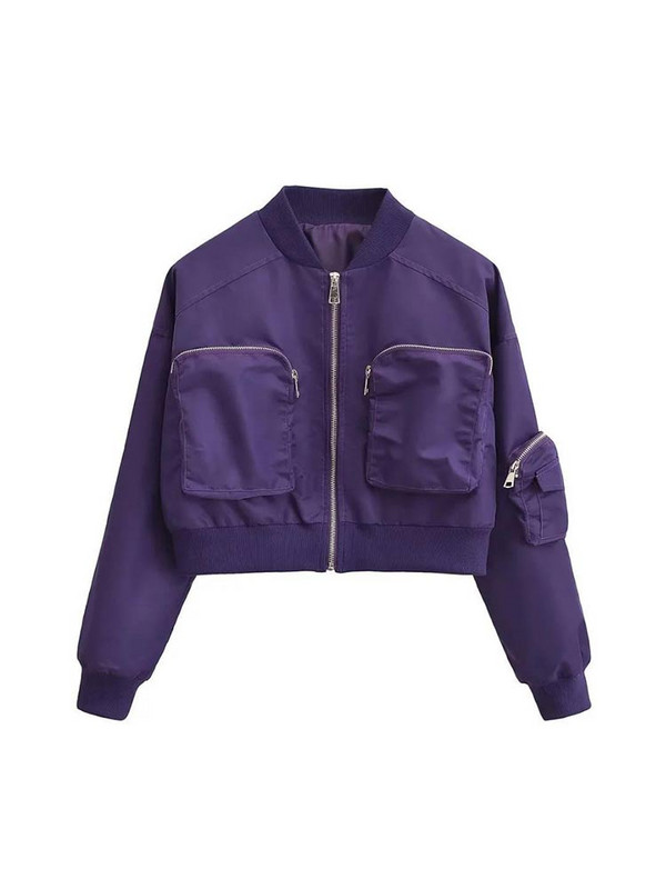 Modna skraćena bomber jakna sa samostojećim ovratnikom za žene Jednobojni kratki kaputi za biciklističke utrke s velikim džepovima Ženska šik gornja odjeća za visoke ulice