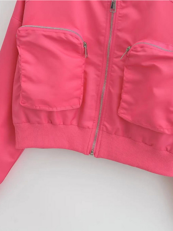 Modna skraćena bomber jakna sa samostojećim ovratnikom za žene Jednobojni kratki kaputi za biciklističke utrke s velikim džepovima Ženska šik gornja odjeća za visoke ulice