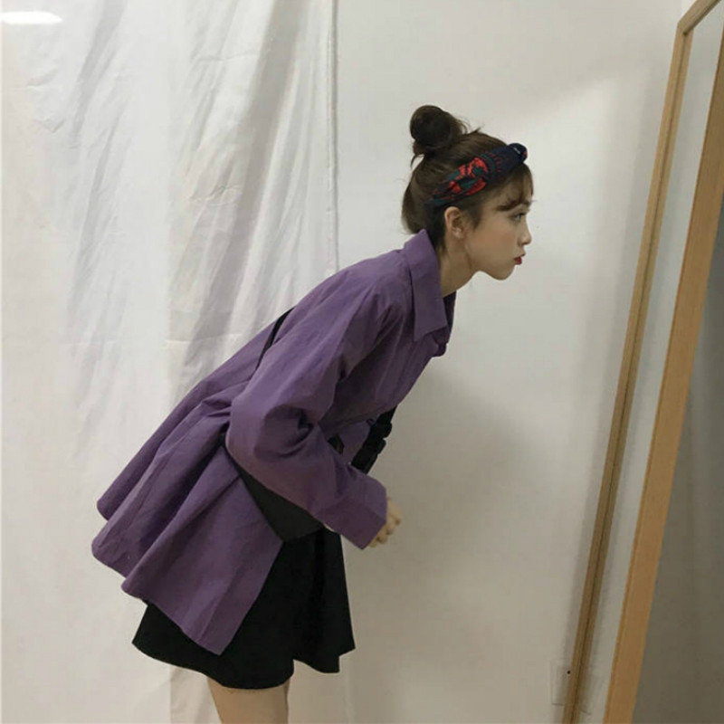 Блузи Дамски ризи с дълъг ръкав Пролет Harajuku Свободна отложна яка Едноцветен шик Свободно време BF Vintage Лилаво Свободно Универсално Ново