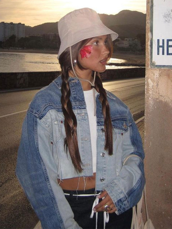 Пролетни извънгабаритни дамски дънкови изрязани якета Модни Y2k къси състезателни якета Дамско бомбардировъчно яке с джоб Шикозни палта Streetwear