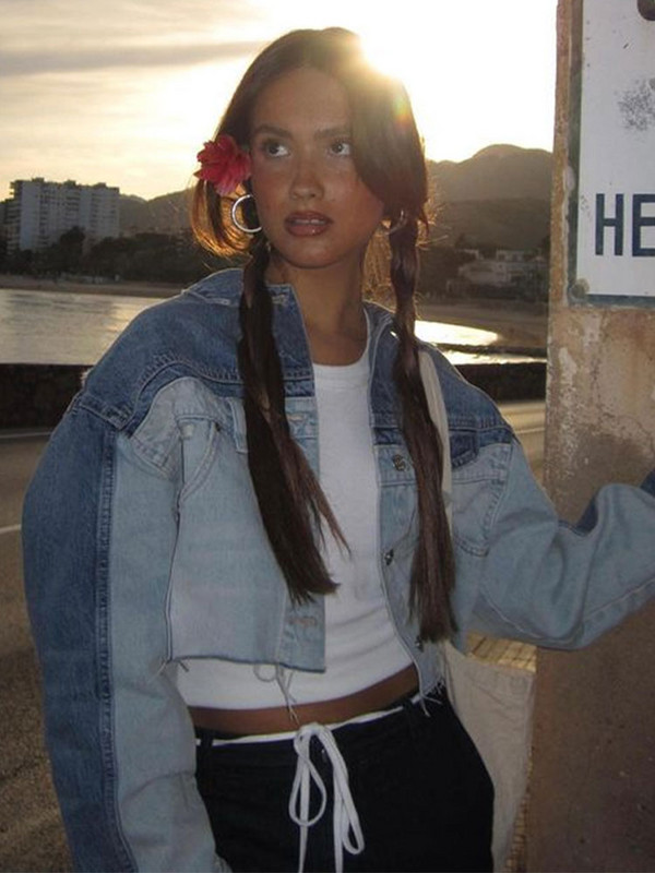 Пролетни извънгабаритни дамски дънкови изрязани якета Модни Y2k къси състезателни якета Дамско бомбардировъчно яке с джоб Шикозни палта Streetwear