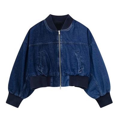 Винтидж дънково яке Дамско есенно 2023 г. Панелирано плисирано дамско палто с дълъг ръкав с джоб и цип Свободно дамско палто