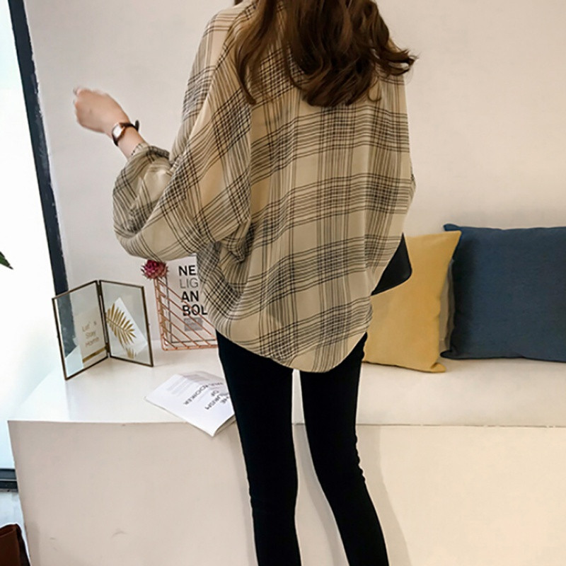 Γυναικείο καρό πουκάμισο με γιακά φθινοπωρινή φαρδιά μπλούζα με μακρυμάνικο μπλουζάκι με κουμπί