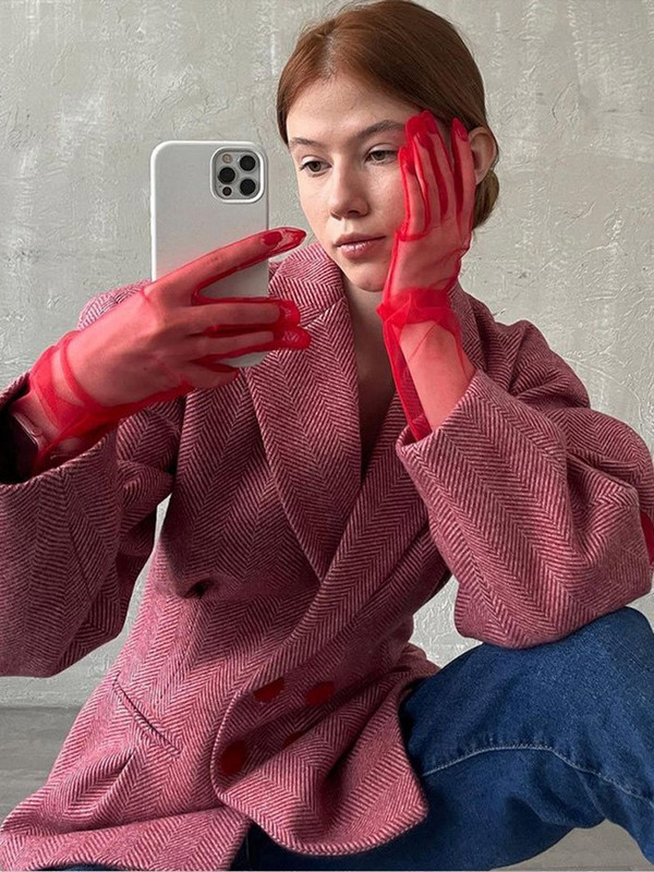 Modni kaput s ružičastim kariranim uzorkom srca, ženska jakna s reverima i lanternastim rukavima s urezima na dvostruko kopčanje Ženska gornja odjeća za jesen 2023.