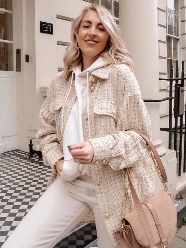 Elegantna šik jakna s otvorenim ovratnikom i džepovima Ženska vintage kaput od tvida s malim mirisom Proljeće Jesen Ležerna gornja odjeća za žene