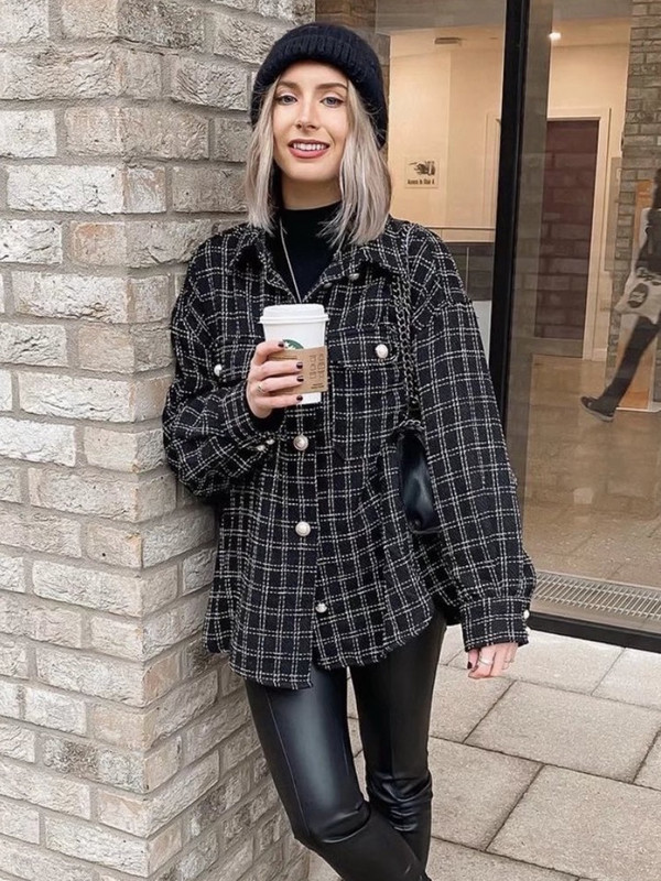 Elegantna šik jakna s otvorenim ovratnikom i džepovima Ženska vintage kaput od tvida s malim mirisom Proljeće Jesen Ležerna gornja odjeća za žene