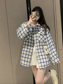 Пролет Есен Синьо-бяло карирано яке Палто Дамско реколта вълнени малки ароматни палта Елегантни ежедневни тънки карирани връхни дрехи
