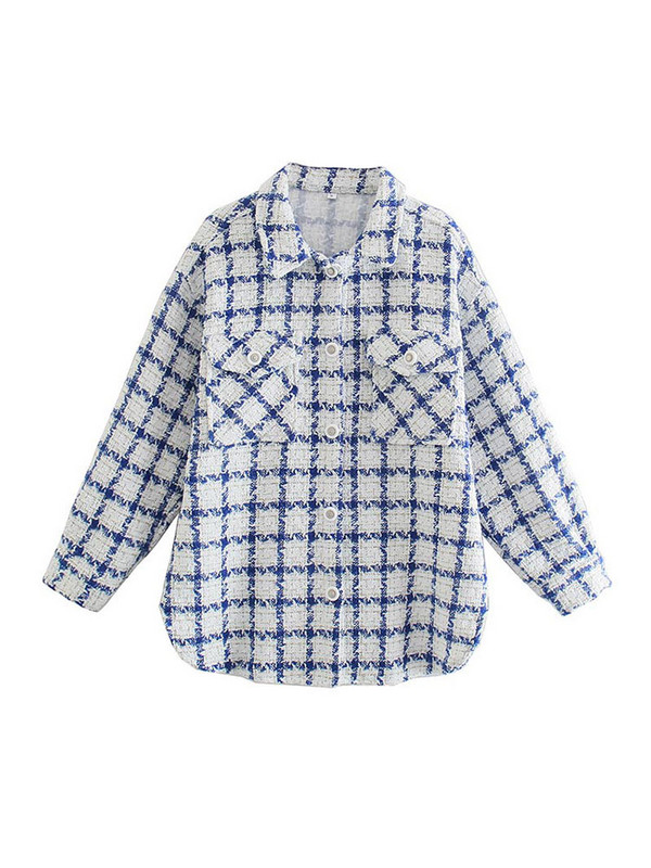 Пролет Есен Синьо-бяло карирано яке Палто Дамско реколта вълнени малки ароматни палта Елегантни ежедневни тънки карирани връхни дрехи