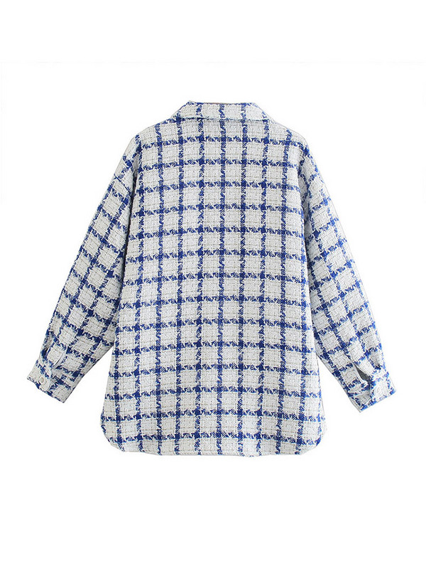 Пролет Есен Синьо-бяло карирано яке Палто Дамско реколта вълнени малки ароматни палта Елегантни ежедневни тънки карирани връхни дрехи