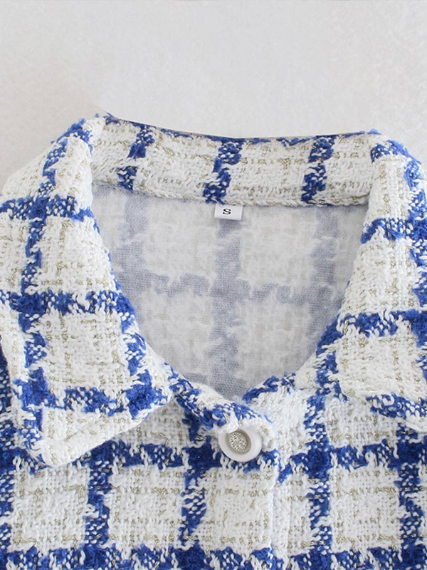 Пролет Есен Синьо-бяло карирано яке Палто Дамско реколта вълнени малки ароматни палта Елегантни ежедневни тънки карирани връхни дрехи