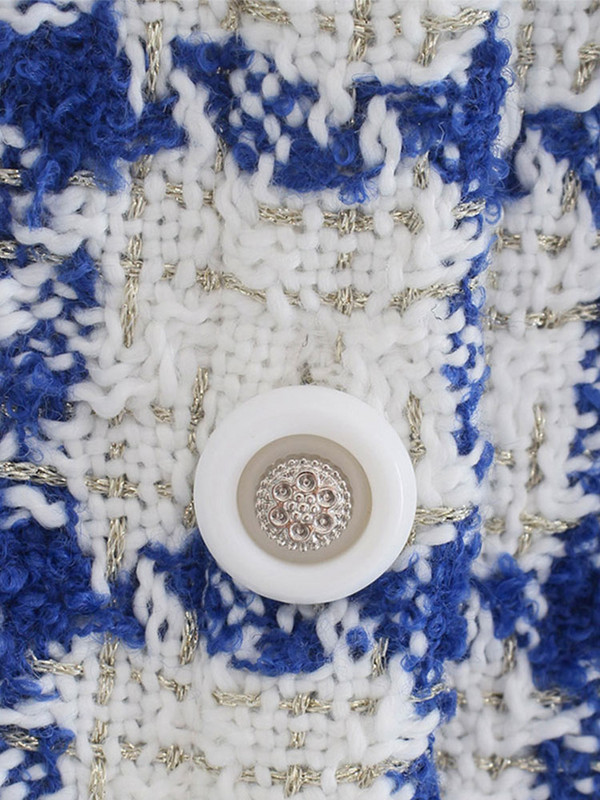 Пролет Есен Синьо-бяло карирано яке Палто Дамско реколта вълнени малки ароматни палта Елегантни ежедневни тънки карирани връхни дрехи