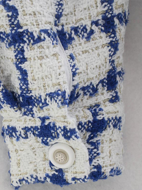 Пролет Есен Синьо-бяло карирано яке Палто Дамско реколта вълнени малки ароматни палта Елегантни ежедневни тънки карирани връхни дрехи