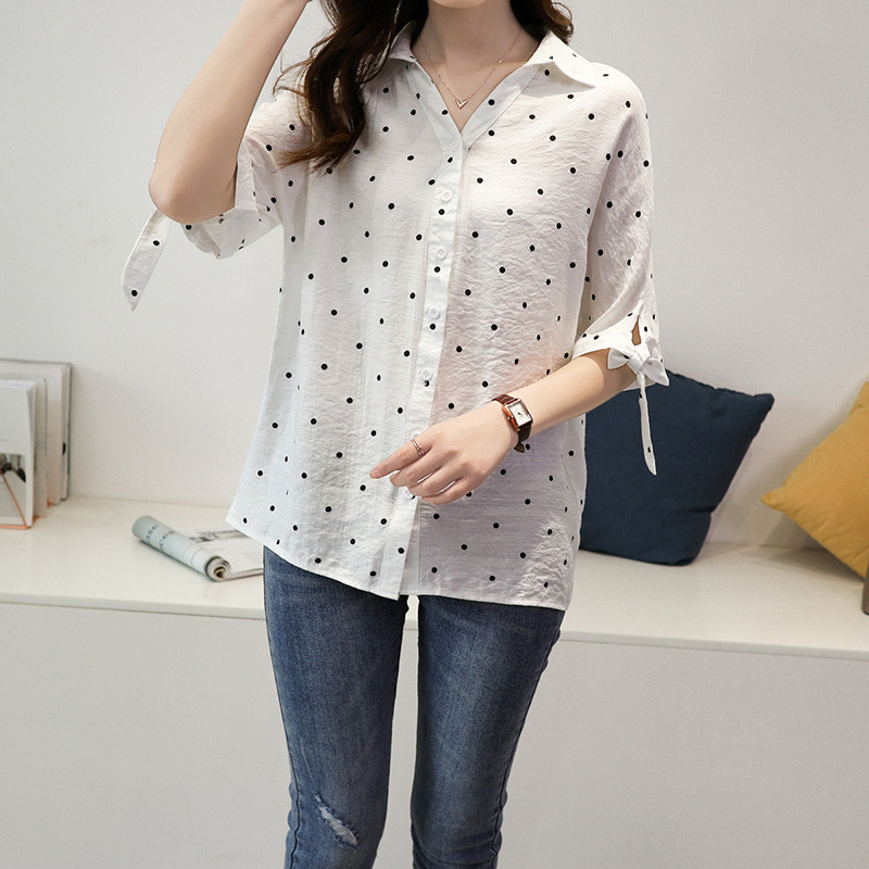 Vintage košulja od šifona na točkice, ženska bluza, majica kratkih rukava