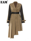 [EAM] Γυναικεία Χακί Πλισέ Μεγάλο Μέγεθος Μακρύ Τάφρο Νέο Πέτο Μακρυμάνικο Χαλαρή Εφαρμογή Windbreaker Μόδα Άνοιξη Φθινόπωρο 2023 1DF2737