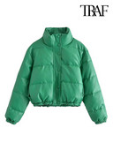 TRAF Дамско модно дебело топло подплатено яке от изкуствена кожа, реколта, дълъг ръкав, еластичен подгъв, дамско връхно облекло, шикозни топове