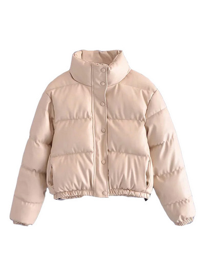 TRAF Дамско модно дебело топло подплатено яке от изкуствена кожа, реколта, дълъг ръкав, еластичен подгъв, дамско връхно облекло, шикозни топове