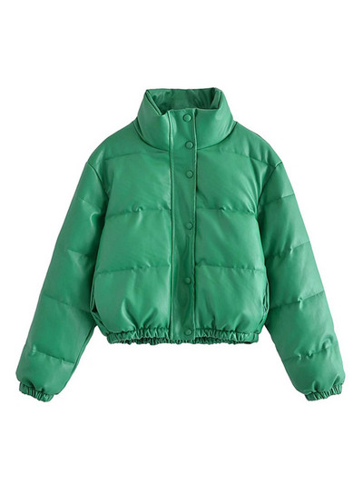 TRAF Дамско модно дебело топло подплатено яке от изкуствена кожа, реколта, дълъг ръкав, еластичен подгъв, дамско връхно облекло, шикозни топове