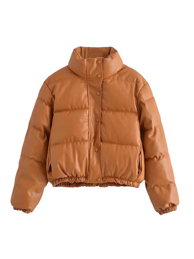 TRAF Дамско модно дебело топло подплатено яке от изкуствена кожа, реколта, дълъг ръкав, еластичен подгъв, дамско връхно облекло, шикозни топове