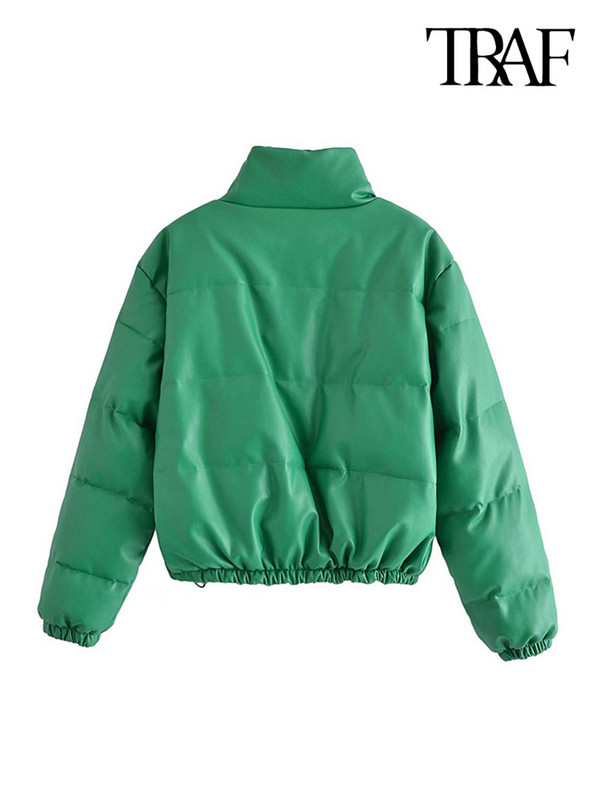 TRAF Дамско модно дебело топло подплатено яке от изкуствена кожа, реколта, дълъг ръкав, еластичен подгъв, дамско връхно облекло, шикозни топове