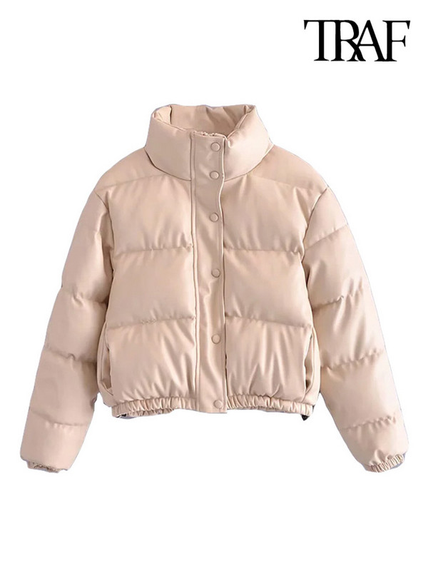 TRAF Дамско модно дебело топло подплатено яке от изкуствена кожа, реколта, дълъг ръкав, еластичен подгъв, дамско връхно облекло, шикозни топове