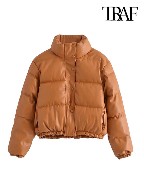 TRAF Дамско модно дебело топло подплатено яке от изкуствена кожа, реколта, дълъг ръкав, еластичен подгъв, дамско връхно облекло, шикозни топове
