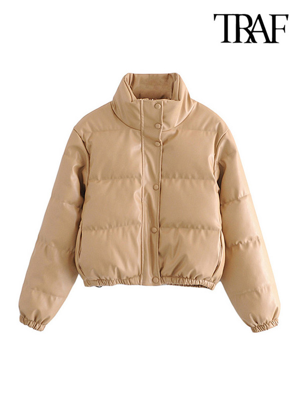 TRAF Дамско модно дебело топло подплатено яке от изкуствена кожа, реколта, дълъг ръкав, еластичен подгъв, дамско връхно облекло, шикозни топове