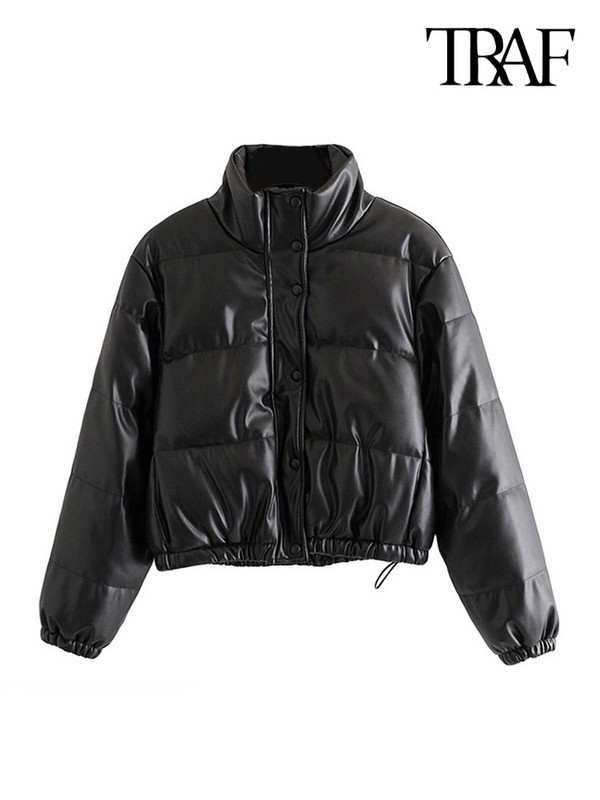 TRAF Дамско модно дебело топло подплатено яке от изкуствена кожа, реколта, дълъг ръкав, еластичен подгъв, дамско връхно облекло, шикозни топове