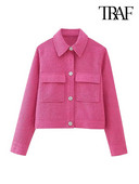 TRAF Γυναικεία Μόδα με Τσέπες Τουίντ Cropped Blazer Παλτό Vintage Πέτο γιακά Μακρυμάνικο Γυναικεία Πανωφόρια Κομψά μπλουζάκια