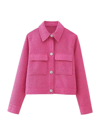 TRAF Γυναικεία Μόδα με Τσέπες Τουίντ Cropped Blazer Παλτό Vintage Πέτο γιακά Μακρυμάνικο Γυναικεία Πανωφόρια Κομψά μπλουζάκια