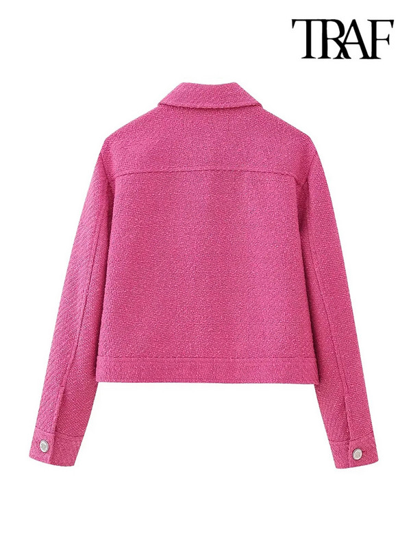 TRAF Дамско модно палто с джобове от туид Винтидж яке с ревер и яка с дълъг ръкав Дамско връхно облекло Шикозни топове