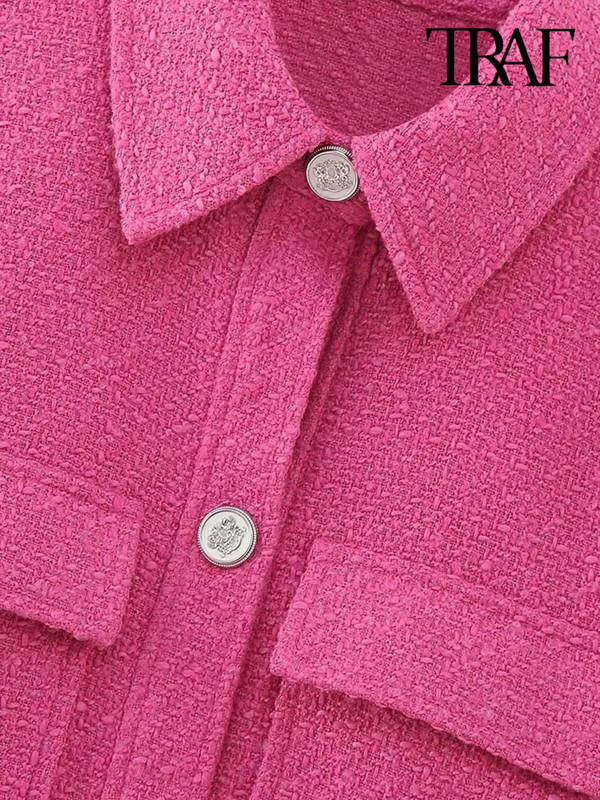 TRAF Дамско модно палто с джобове от туид Винтидж яке с ревер и яка с дълъг ръкав Дамско връхно облекло Шикозни топове