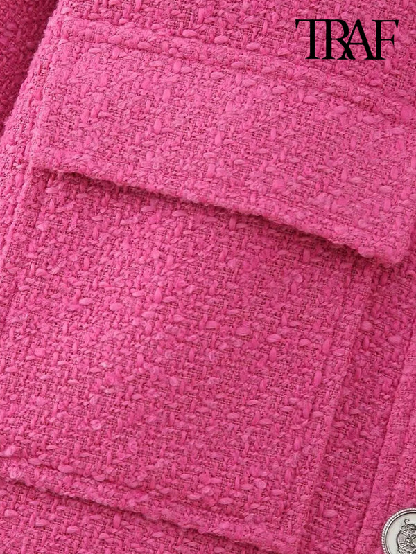 TRAF Дамско модно палто с джобове от туид Винтидж яке с ревер и яка с дълъг ръкав Дамско връхно облекло Шикозни топове