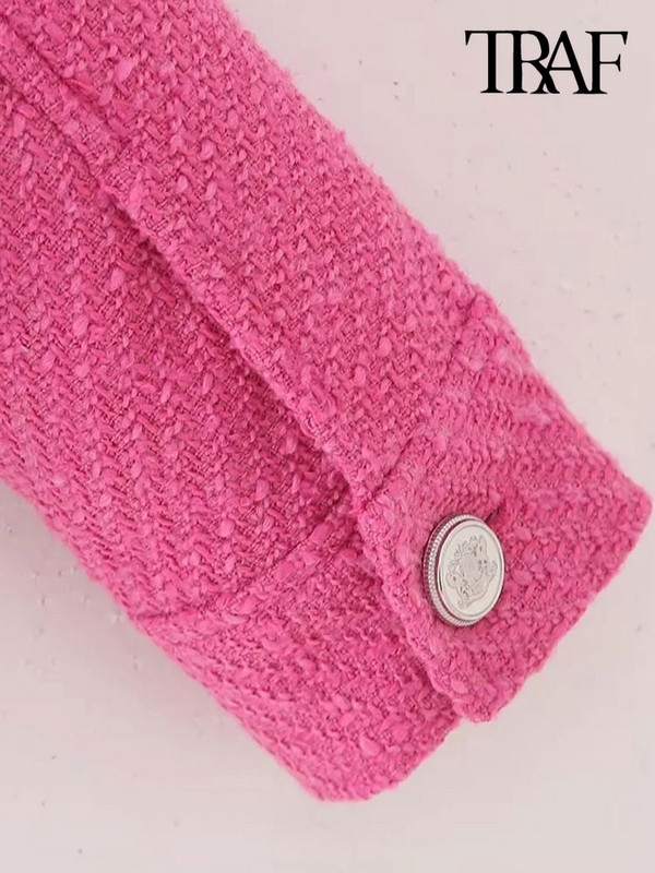 TRAF Дамско модно палто с джобове от туид Винтидж яке с ревер и яка с дълъг ръкав Дамско връхно облекло Шикозни топове