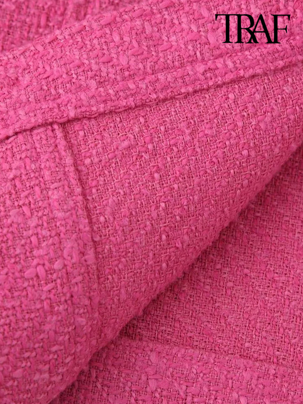 TRAF Дамско модно палто с джобове от туид Винтидж яке с ревер и яка с дълъг ръкав Дамско връхно облекло Шикозни топове